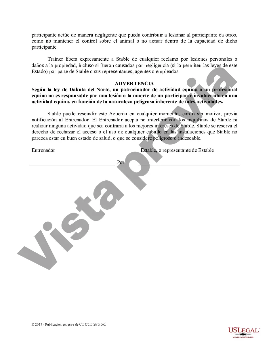 Preview Acuerdo de uso de las instalaciones del entrenador - Formularios equinos de caballos