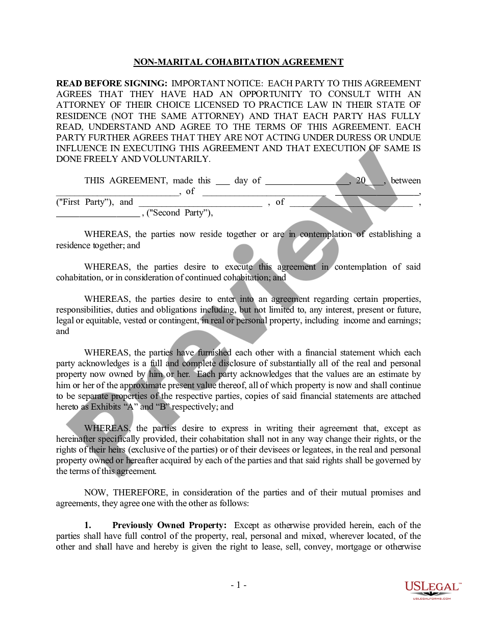 page 1 Non-Marital Cohabitation Living Together Agreement preview