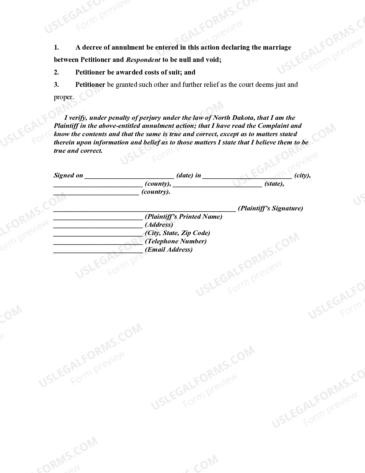 Preview Complaint for Annulment of Marriage