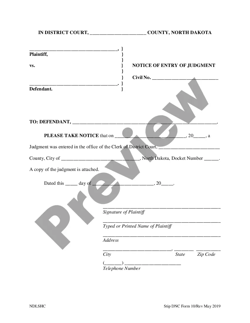 North Dakota Notice of Entry of Judgment - Notice Of Entry | US Legal Forms