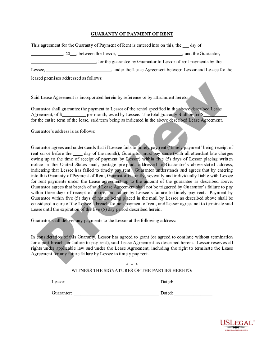 North Dakota Guaranty or Guarantee of Payment of Rent | US Legal Forms