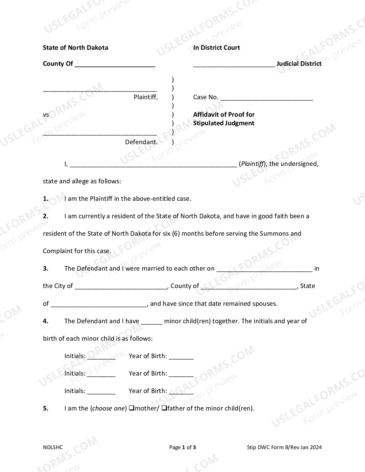 Preview Affidavit of Proof for Stipulated Judgment with Minor Children