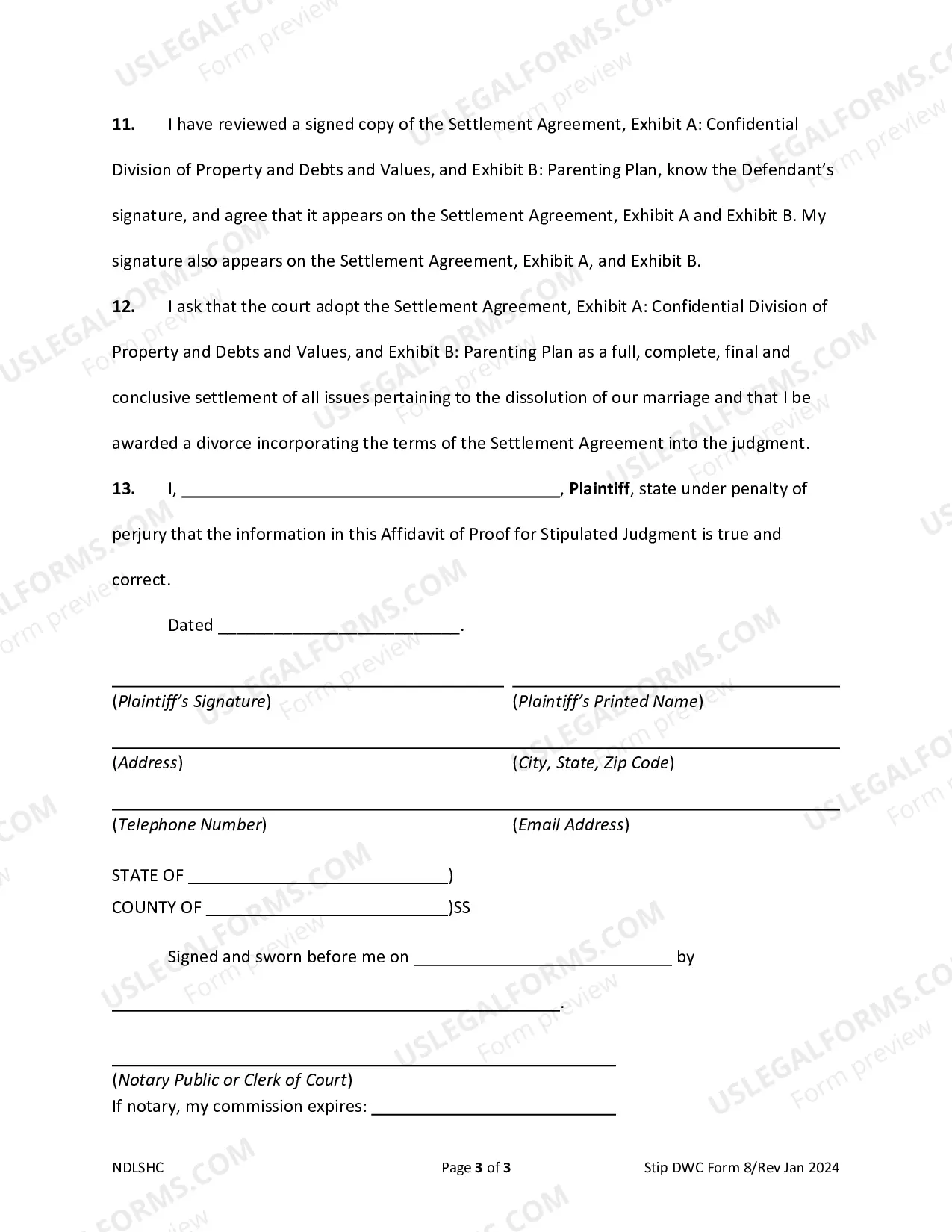 Preview Affidavit of Proof for Stipulated Judgment with Minor Children