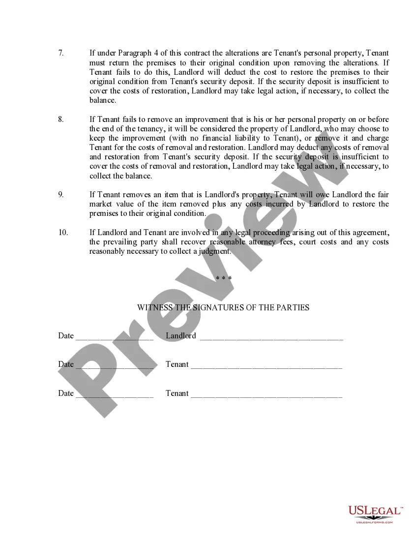 Get Landlord Agreement to allow Tenant Alterations to Premises Preview Landlord Agreement to allow Tenant Alterations to Premises