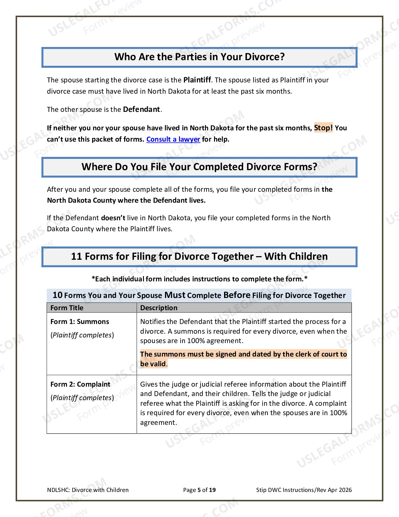 Preview Instructions for Filing for Divorce Together with Children