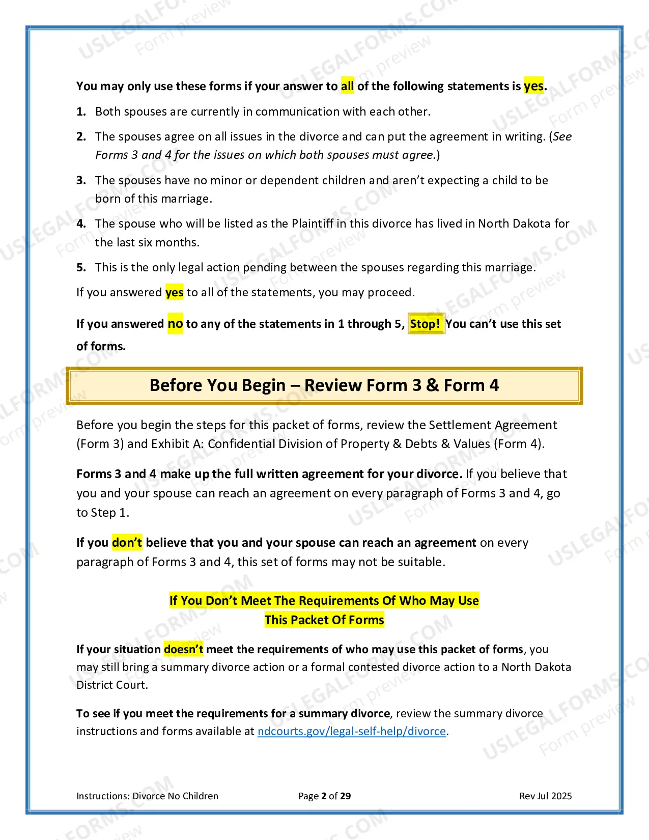 Preview Instructions for Filing for Divorce Together with No Minor Children