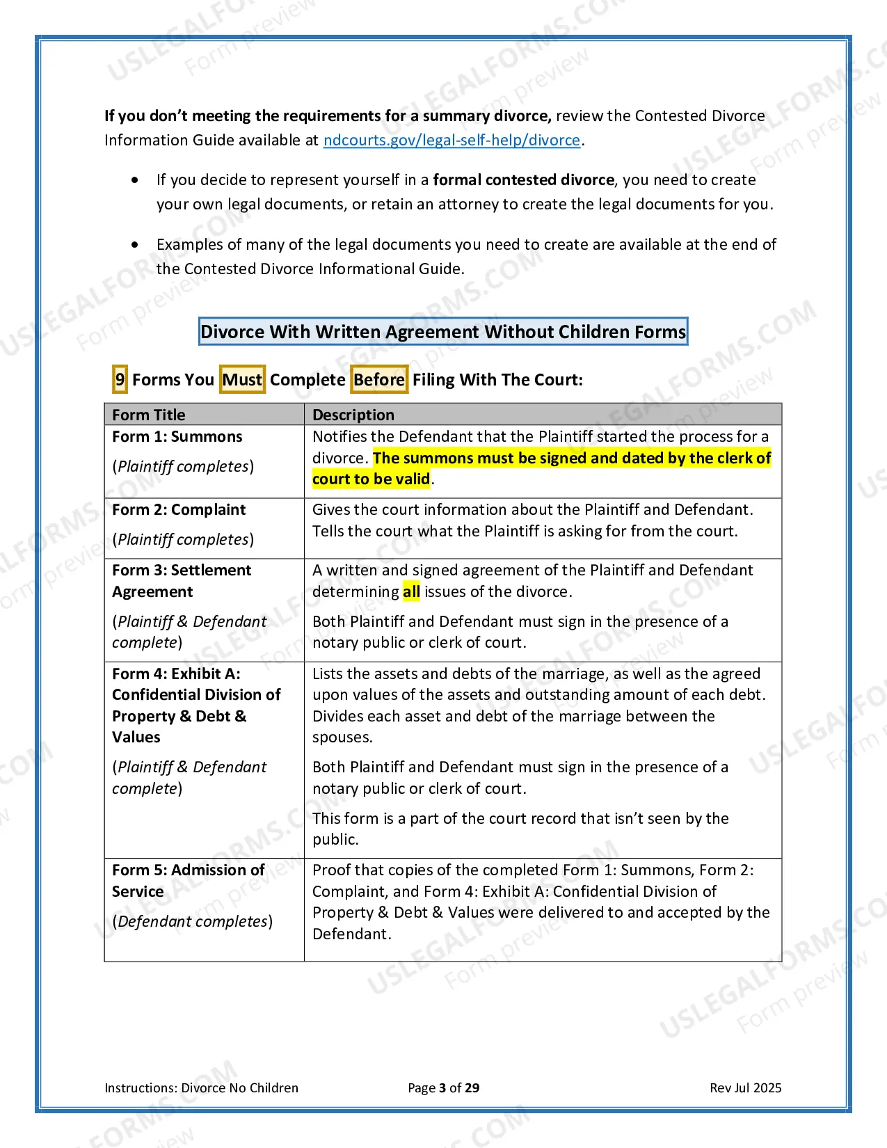 Preview Instructions for Filing for Divorce Together with No Minor Children