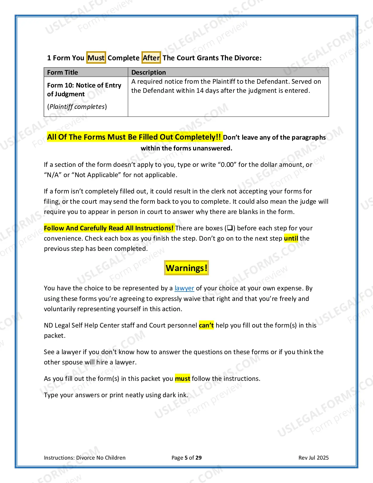 Preview Instructions for Filing for Divorce Together with No Minor Children