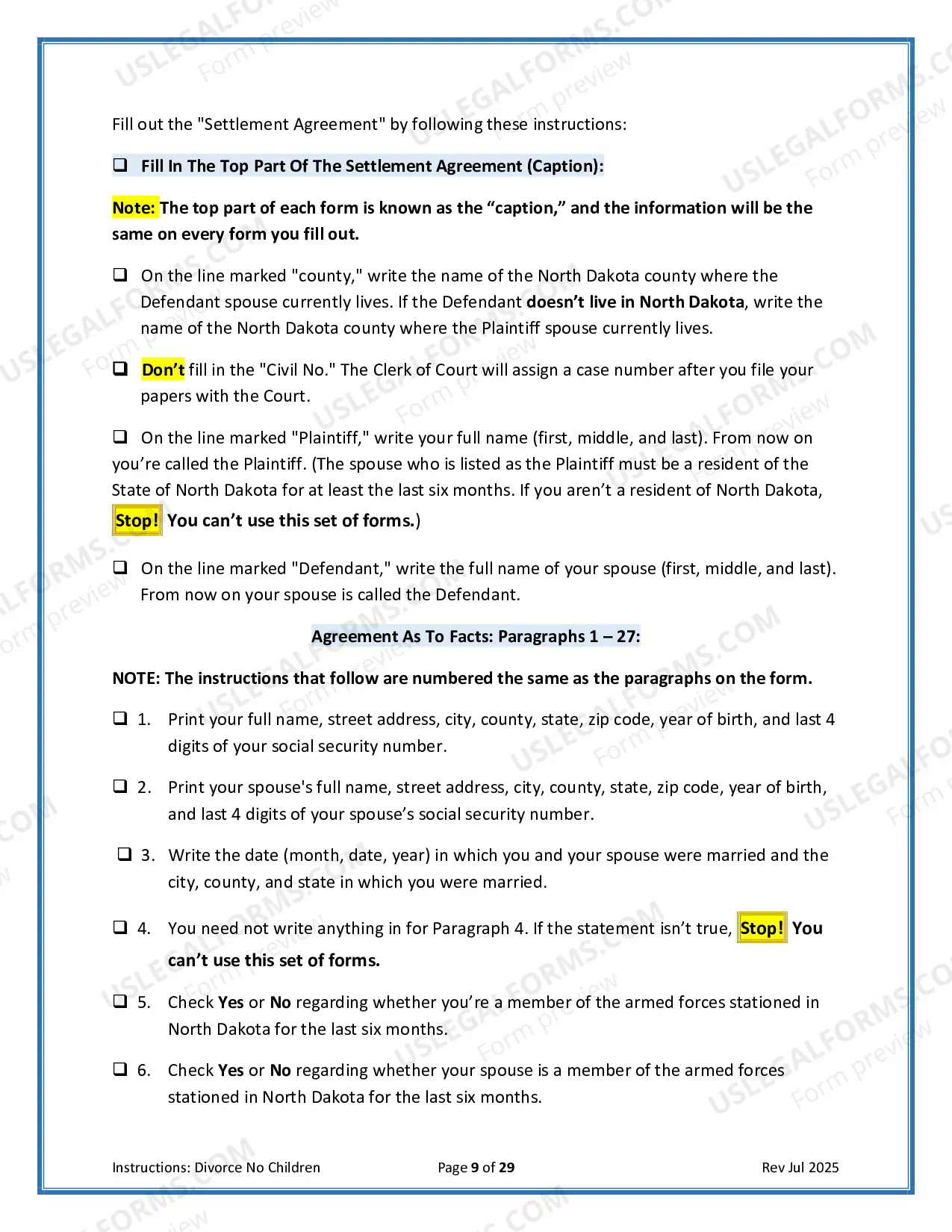 Preview Instructions for Filing for Divorce Together with No Minor Children
