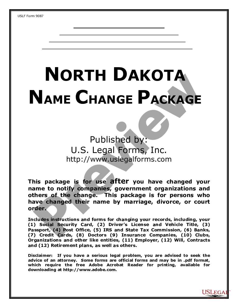 page 0 Name Change Notification Package for Brides, Court Ordered Name Change, Divorced, Marriage for North Dakota preview