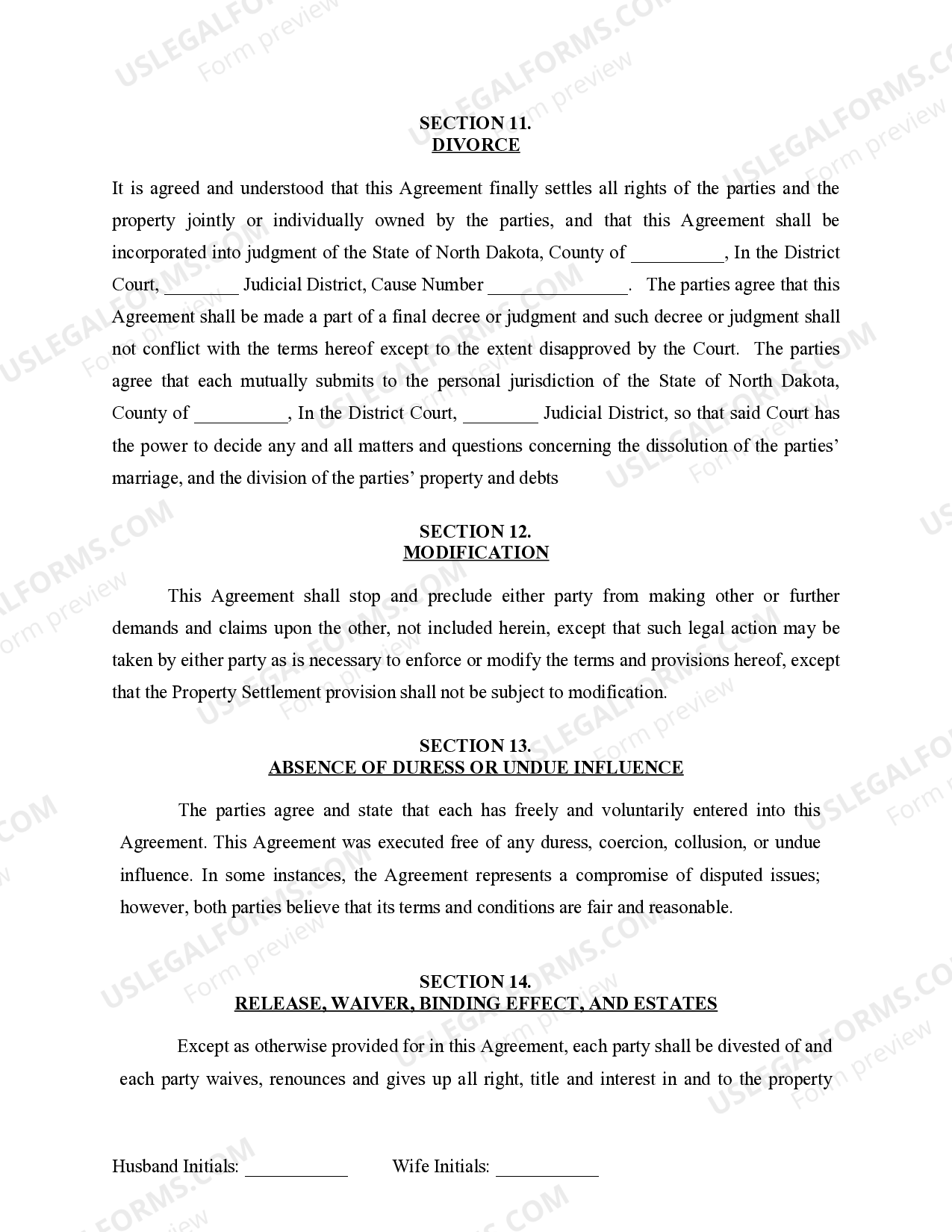 North Dakota Marital Domestic Separation and Property Settlement