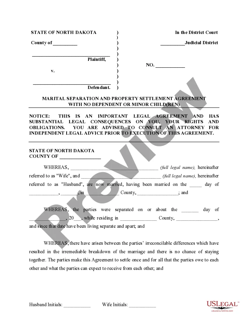 Preview Marital Domestic Separation and Property Settlement Agreement for persons with No Children, No Joint Property or Debts where Divorce Action Filed