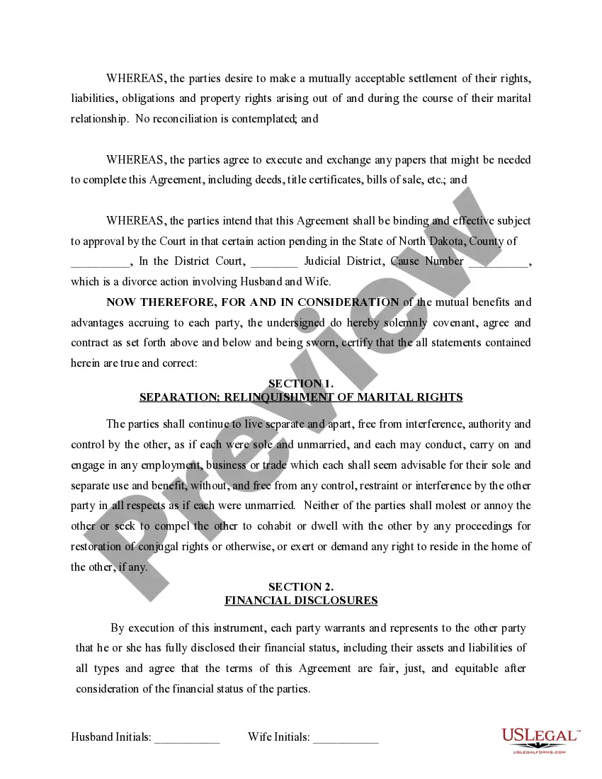 Preview Marital Domestic Separation and Property Settlement Agreement for persons with No Children, No Joint Property or Debts where Divorce Action Filed