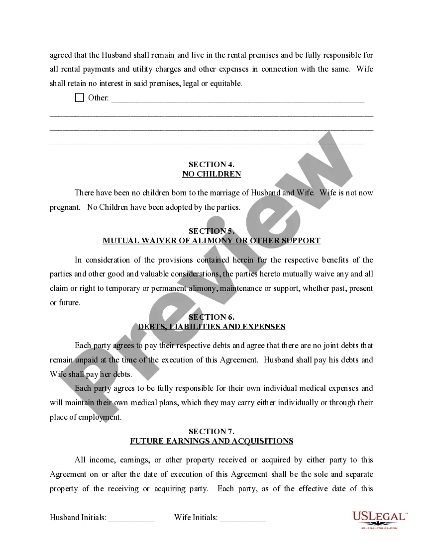 Preview Marital Domestic Separation and Property Settlement Agreement for persons with No Children, No Joint Property or Debts where Divorce Action Filed