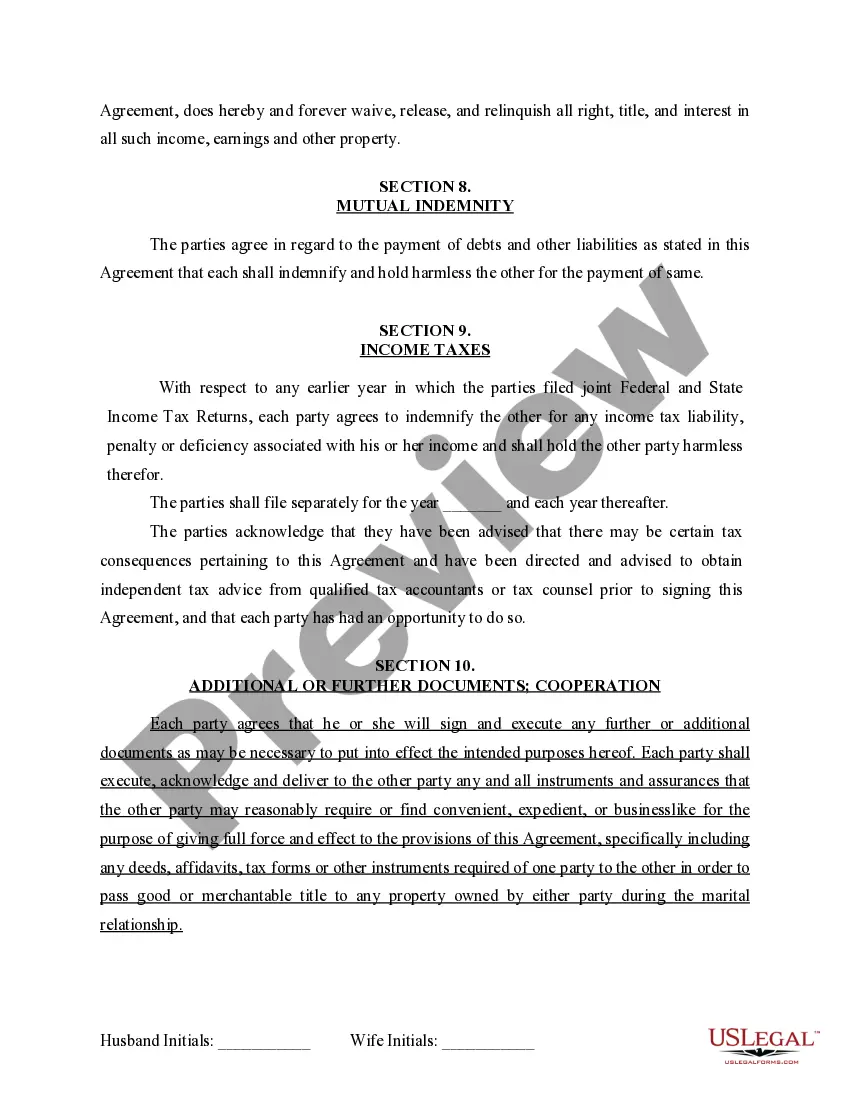 Preview Marital Domestic Separation and Property Settlement Agreement for persons with No Children, No Joint Property or Debts where Divorce Action Filed