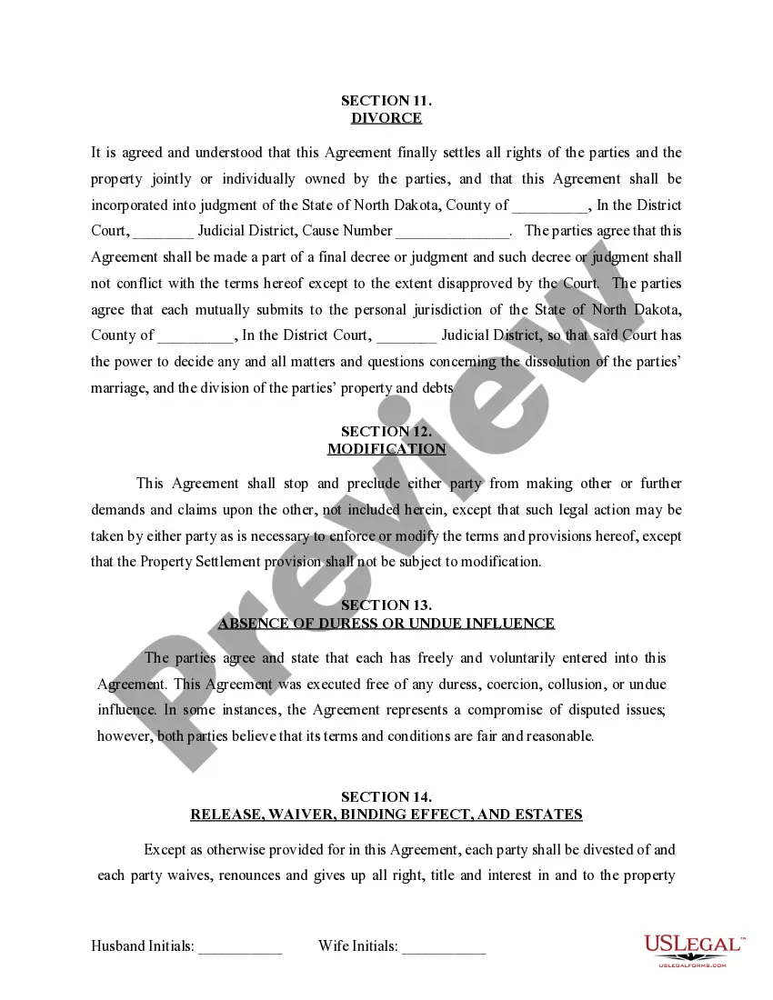 Preview Marital Domestic Separation and Property Settlement Agreement for persons with No Children, No Joint Property or Debts where Divorce Action Filed