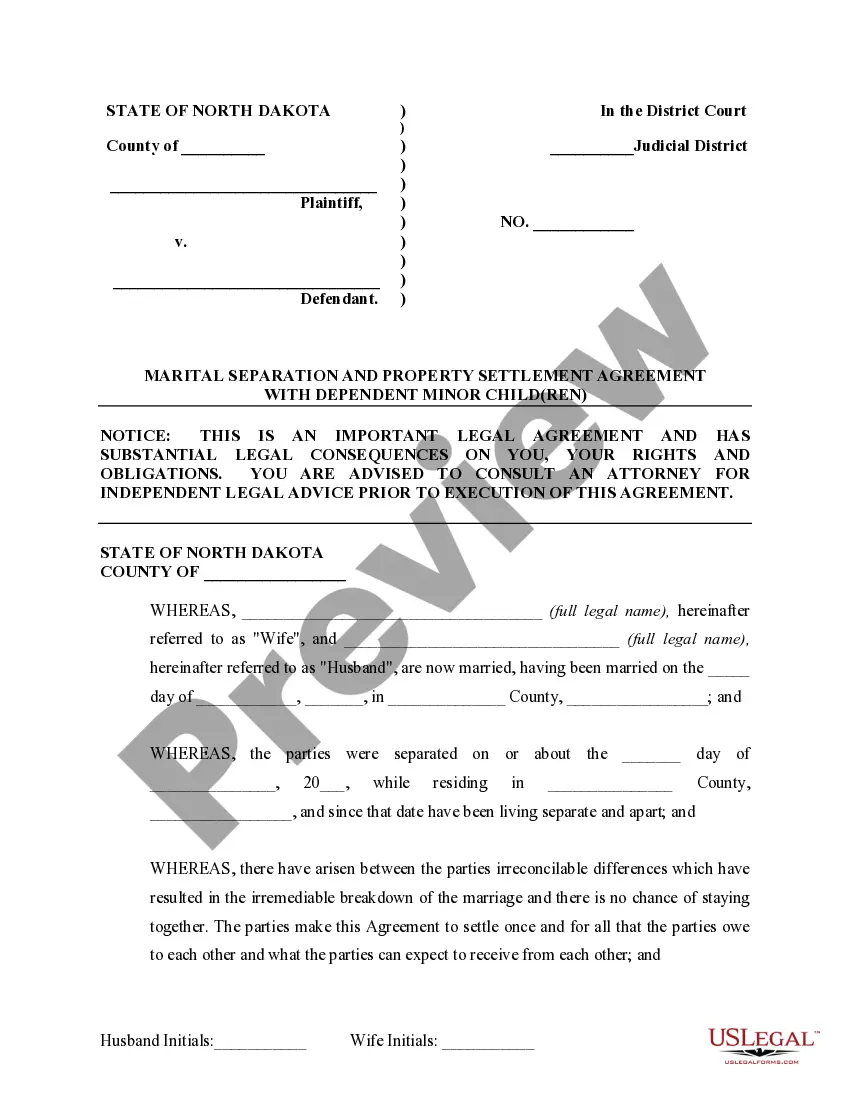 Preview Marital Domestic Separation and Property Settlement Agreement Minor Children no Joint Property or Debts where Divorce Action Filed