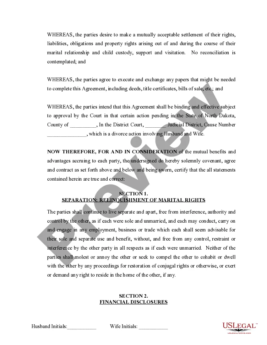 Preview Marital Domestic Separation and Property Settlement Agreement Minor Children no Joint Property or Debts where Divorce Action Filed