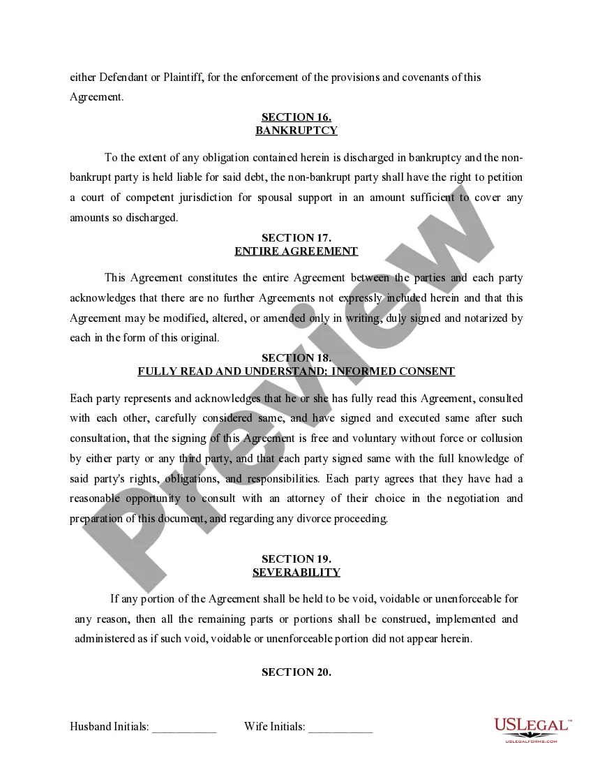 Preview Marital Domestic Separation and Property Settlement Agreement for persons with no Children, no Joint Property, or Debts Effective Immediately