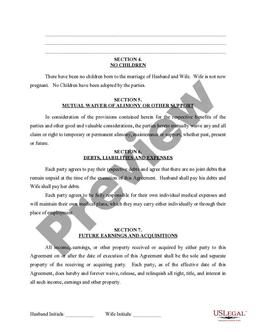 Preview Marital Domestic Separation and Property Settlement Agreement for persons with no Children, no Joint Property, or Debts Effective Immediately