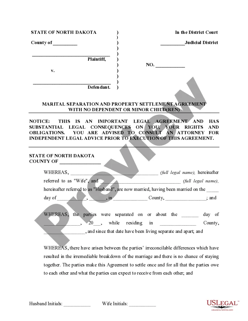 Preview Marital Domestic Separation and Property Settlement Agreement no Children parties may have Joint Property or Debts where Divorce Action Filed