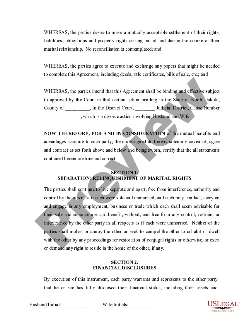 Preview Marital Domestic Separation and Property Settlement Agreement no Children parties may have Joint Property or Debts where Divorce Action Filed