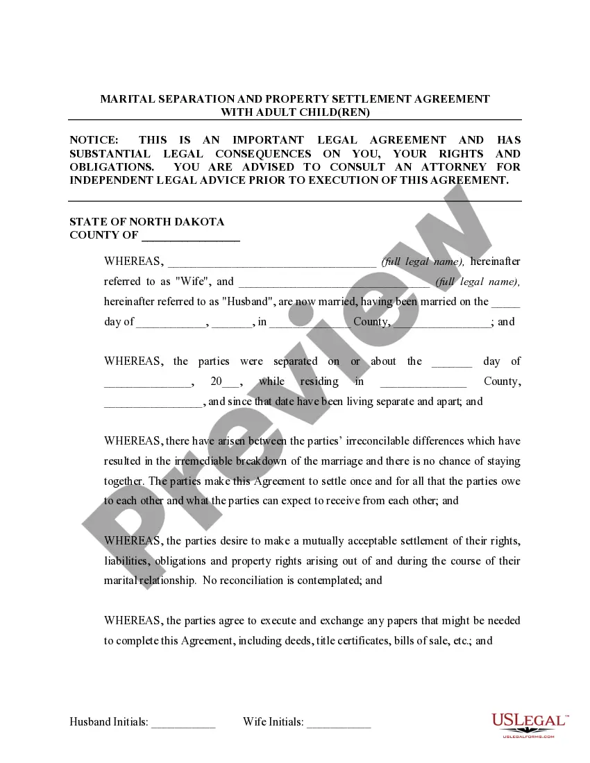 Preview Marital Domestic Separation and Property Settlement Agreement Adult Children Parties May have Joint Property or Debts effective Immediately
