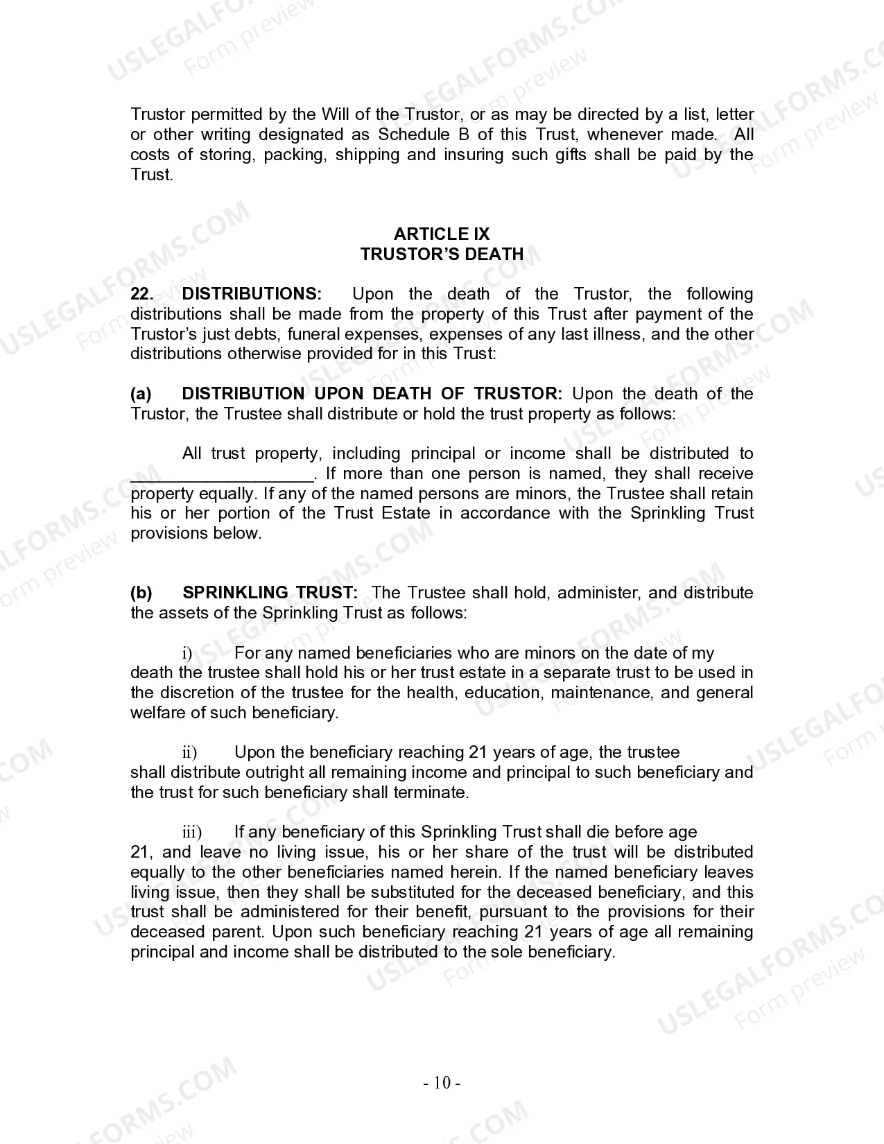 Preview Living Trust for Individual Who is Single, Divorced or Widow or Widower with No Children