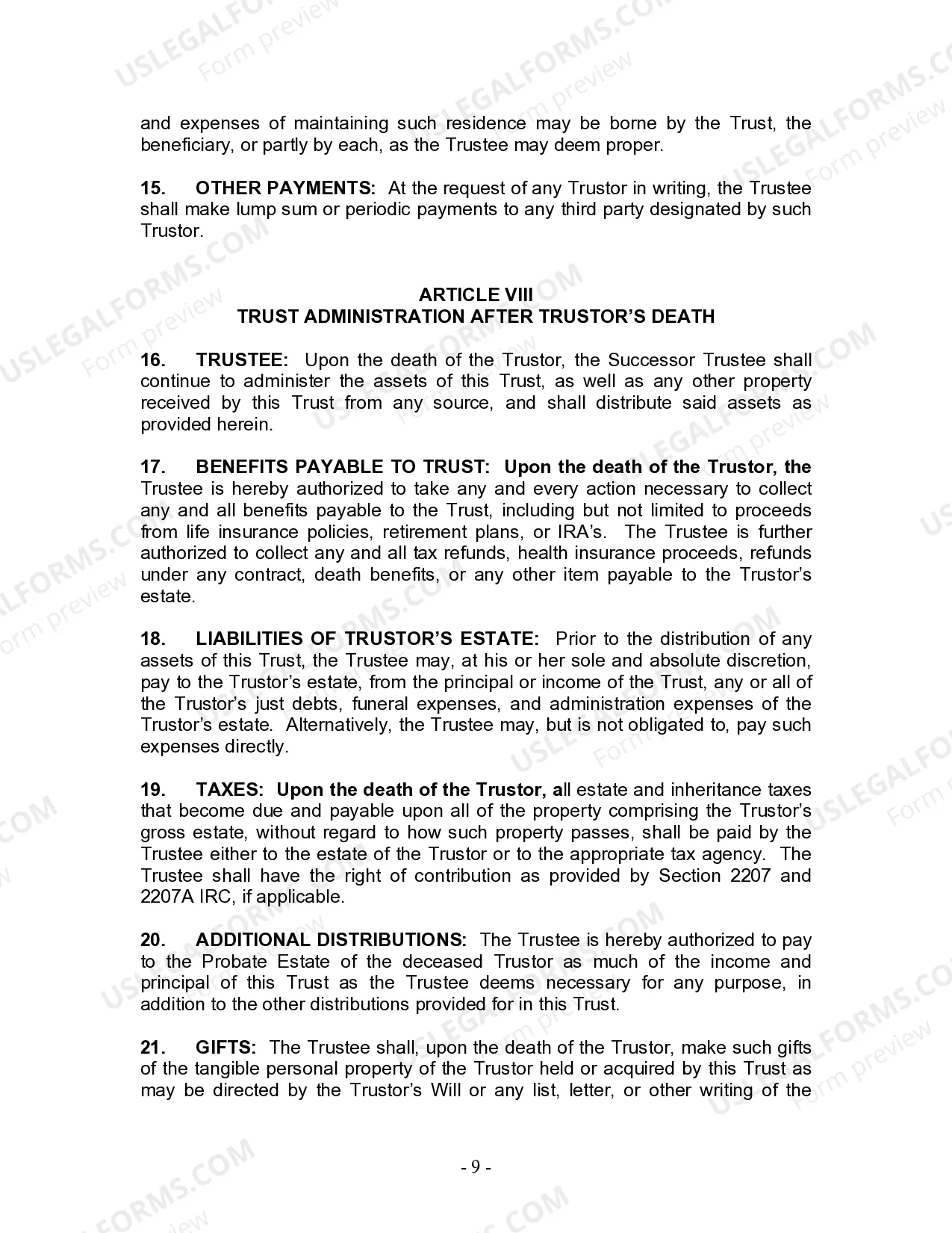 Preview Living Trust for Individual Who is Single, Divorced or Widow or Widower with No Children