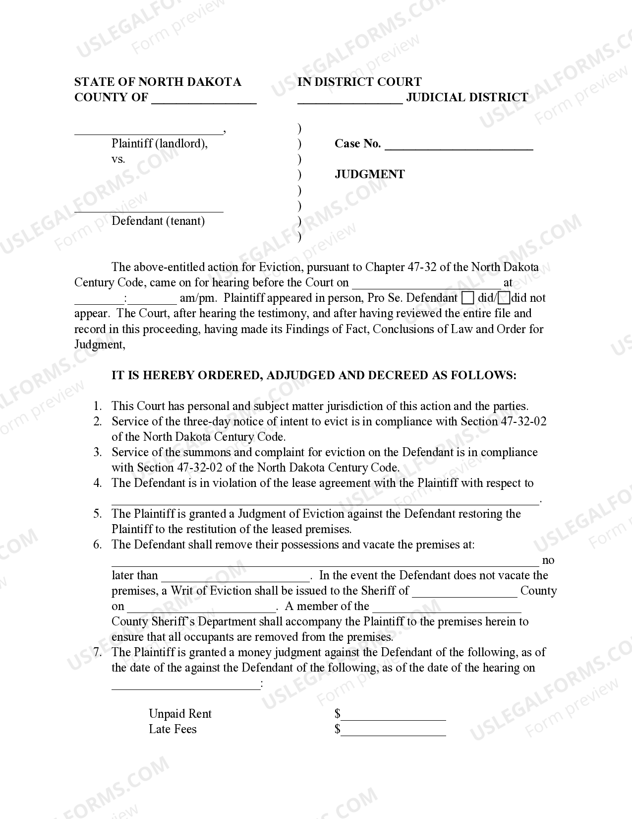 North Dakota Judgment of Eviction US Legal Forms