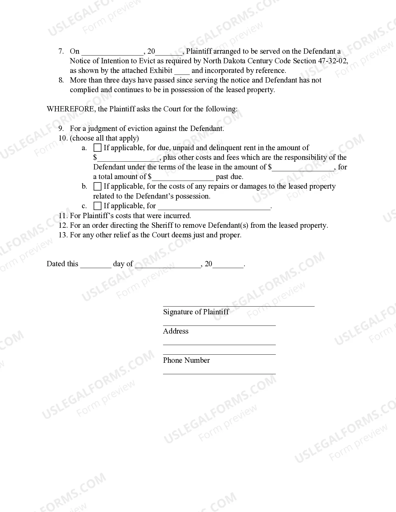 Preview Complaint for Eviction