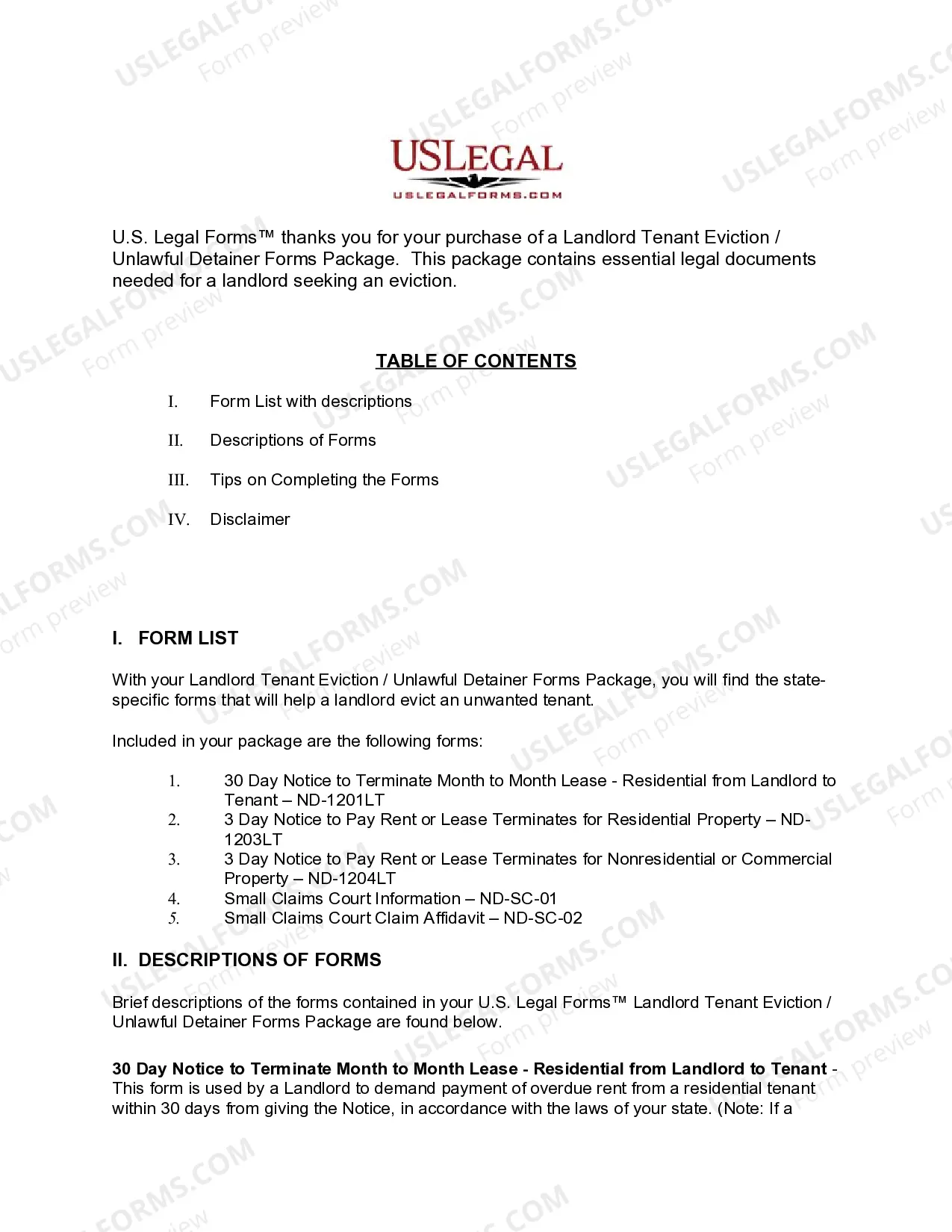 Preview North Dakota Landlord Tenant Eviction / Unlawful Detainer Forms Package