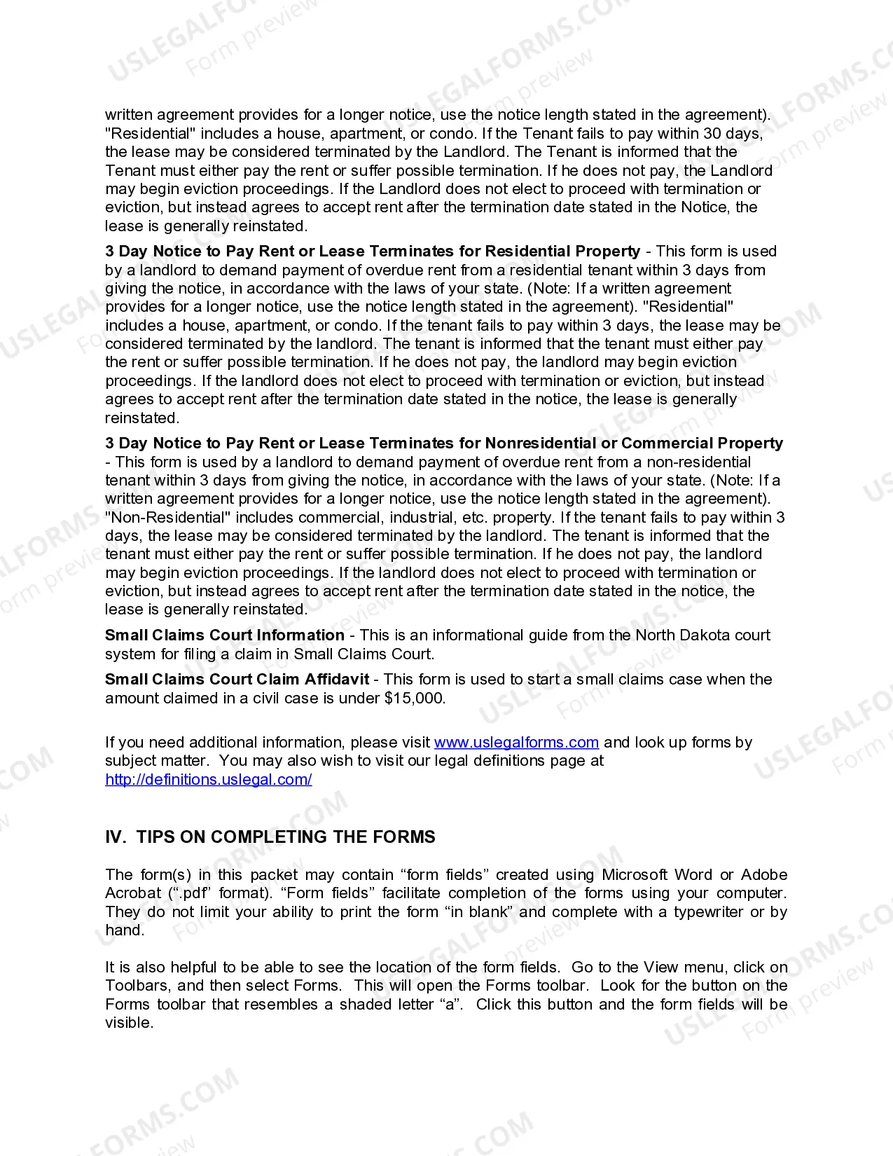 Preview North Dakota Landlord Tenant Eviction / Unlawful Detainer Forms Package