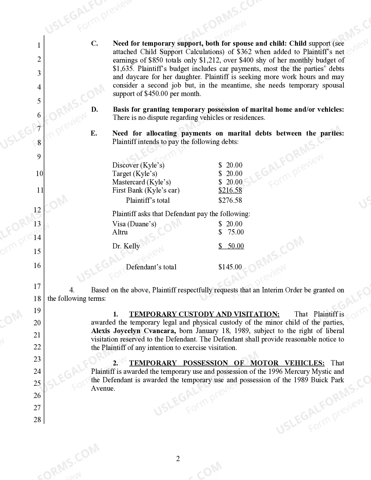 Preview Application and Affidavit in support of Interim Order - Child Support