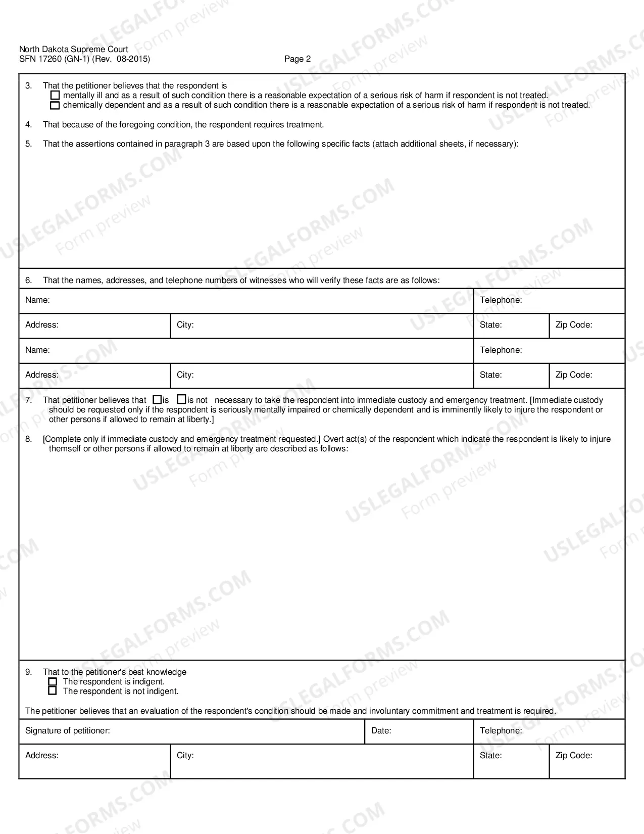 Preview North Dakota Petition for Involuntary Commitment