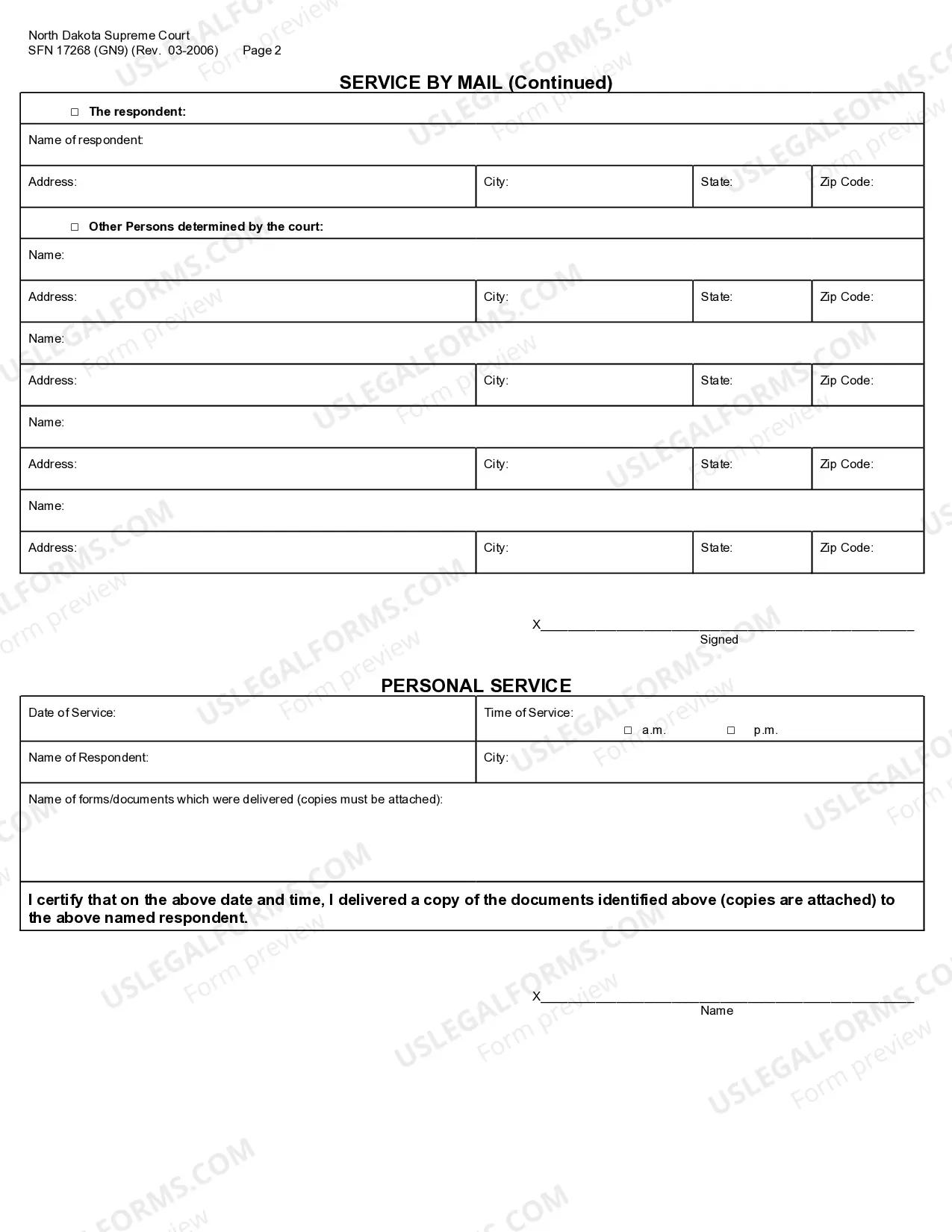 Preview North Dakota Certificate of Service