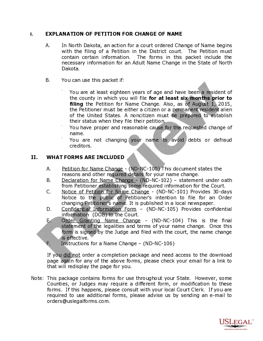 Preview North Dakota Name Change Instructions and Forms Package for an Adult
