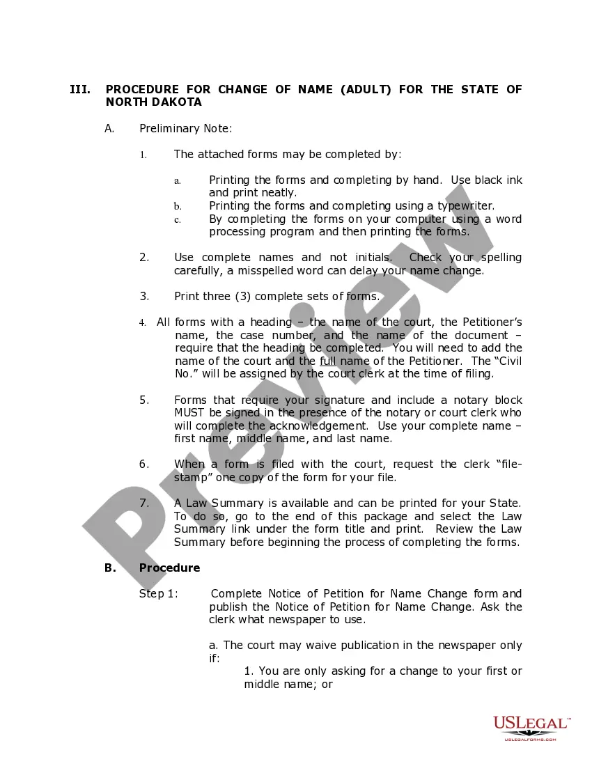 Preview North Dakota Name Change Instructions and Forms Package for an Adult
