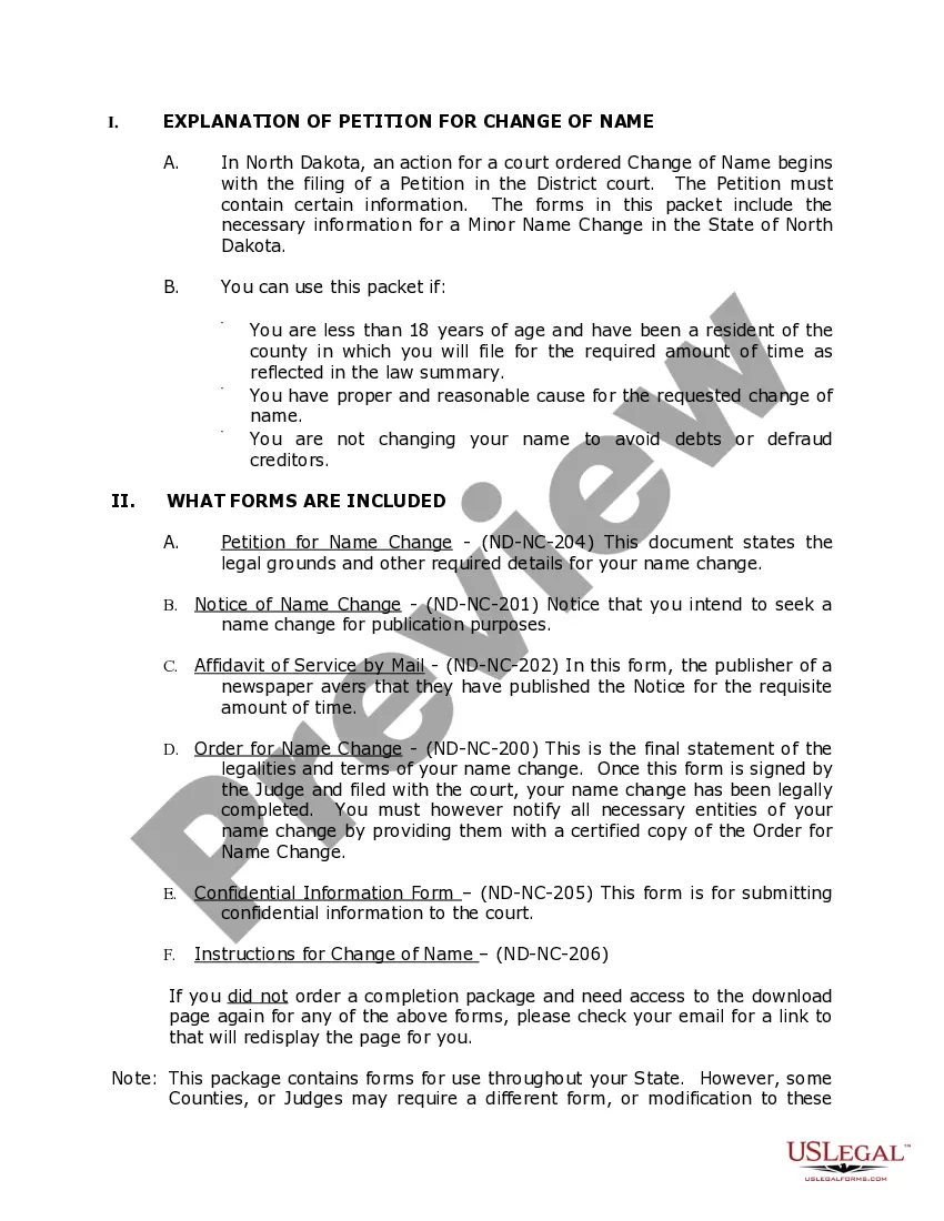 Preview North Dakota Name Change Instructions and Forms Package for a Minor