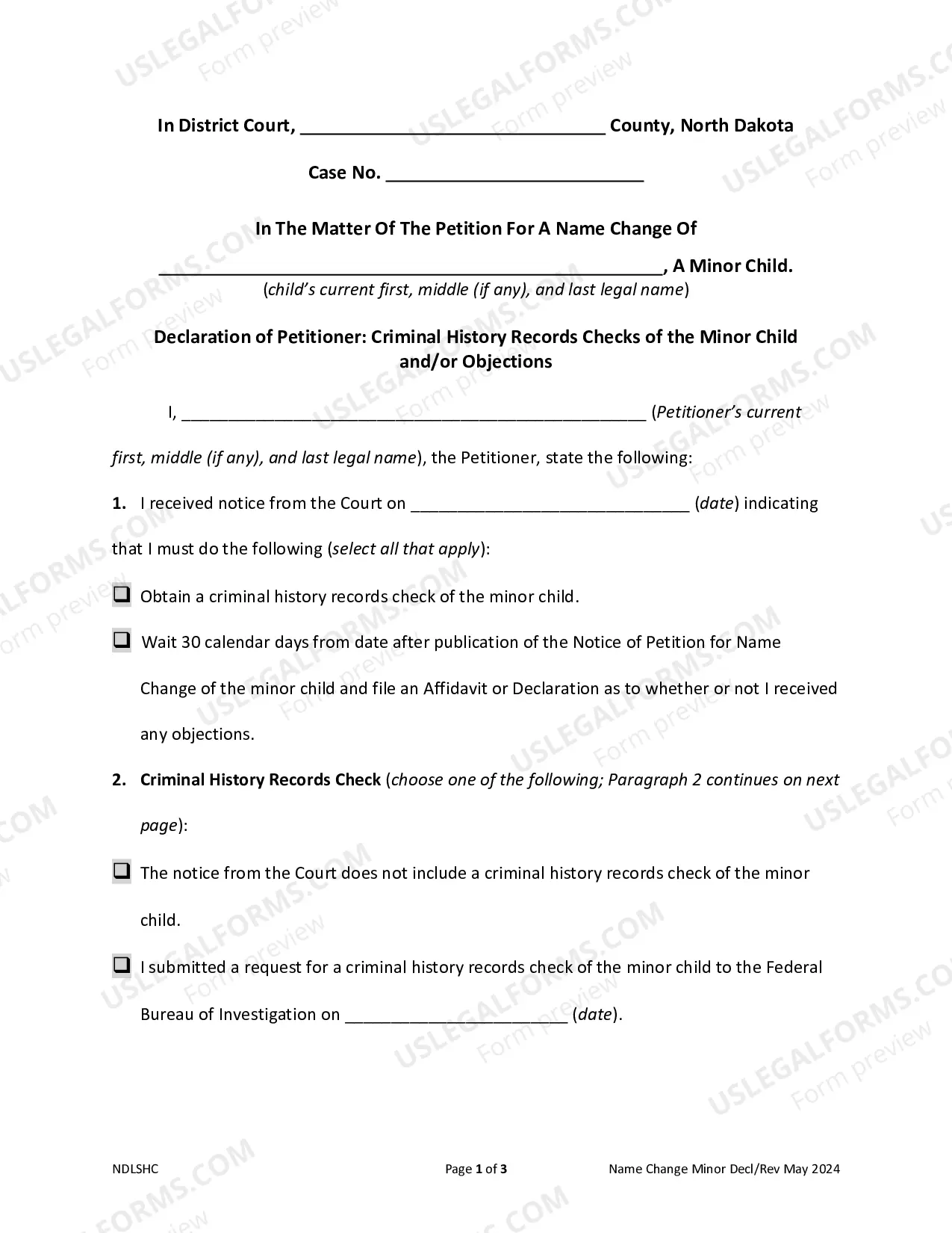 Preview Declaration of Petitioner - Criminal History Records Checks of the Minor Child and/or Objections
