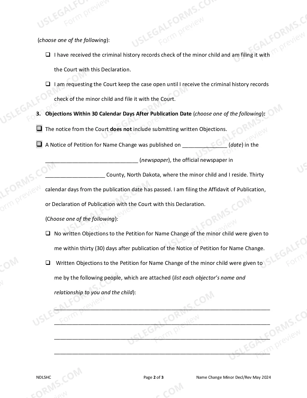 Preview Declaration of Petitioner - Criminal History Records Checks of the Minor Child and/or Objections