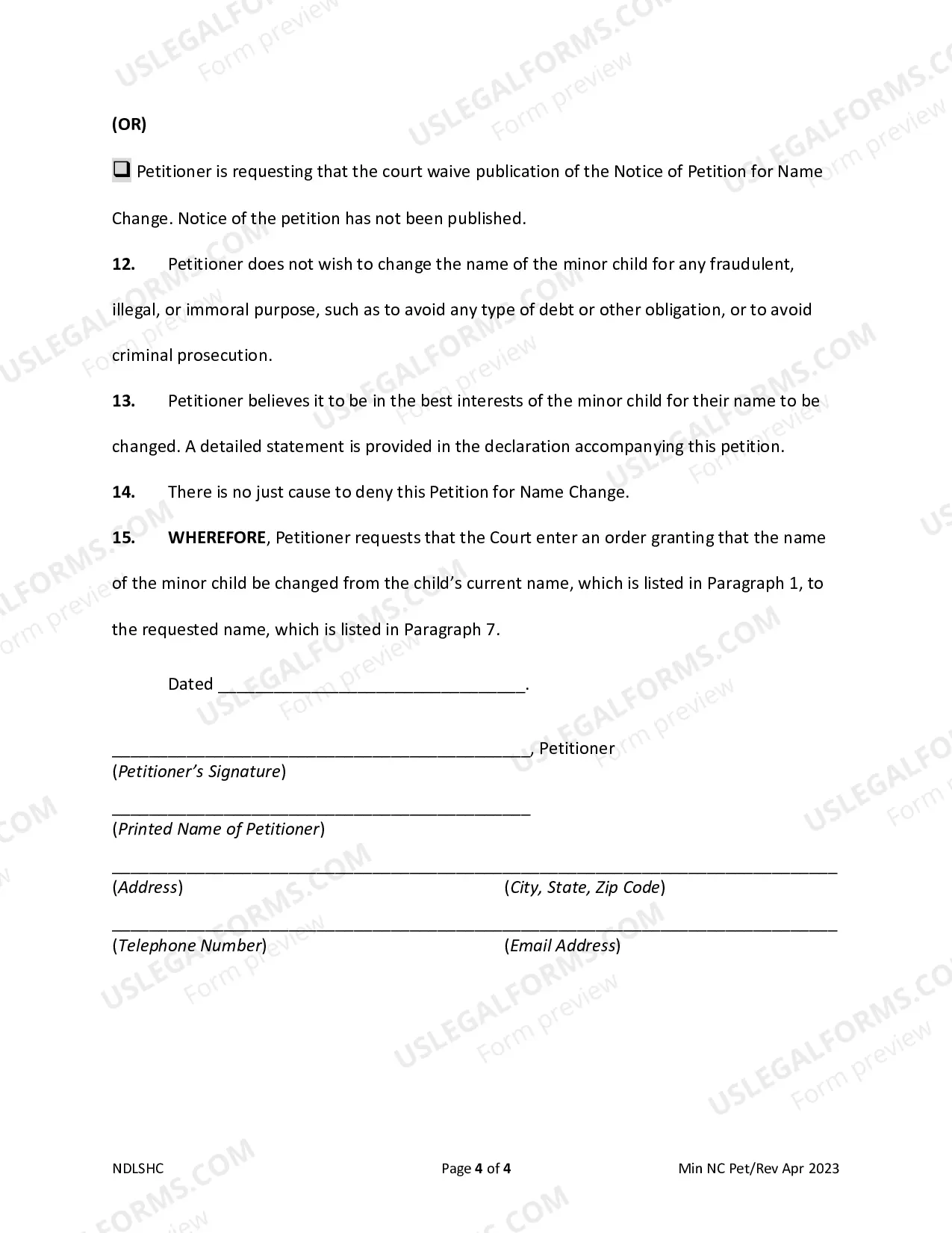 Preview Petition for Name Change of a Minor