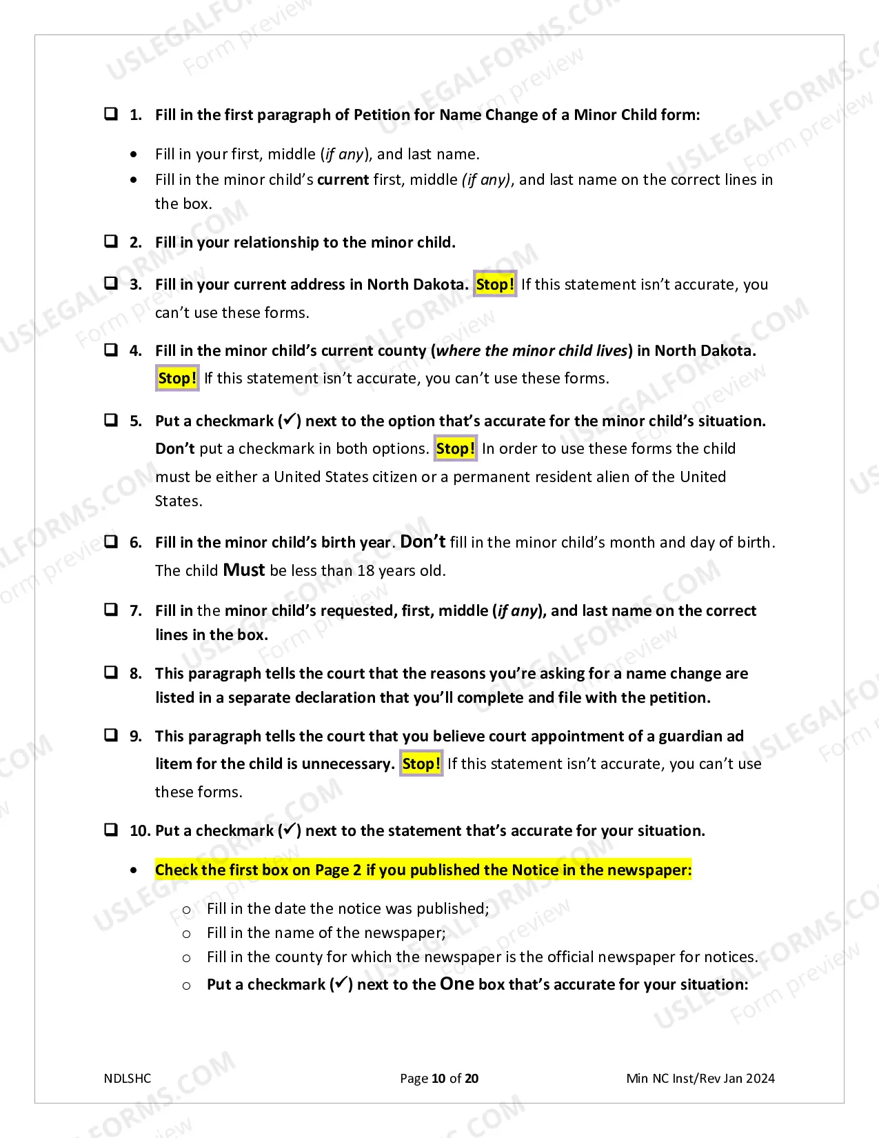 Preview Instructions for Minor Change of Name