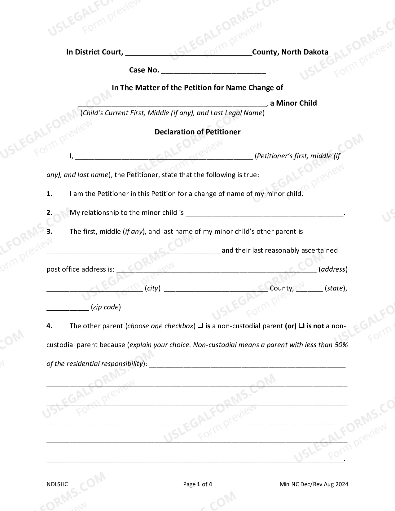 Preview Declaration of Petitioner for Petition for Name Change of Minor