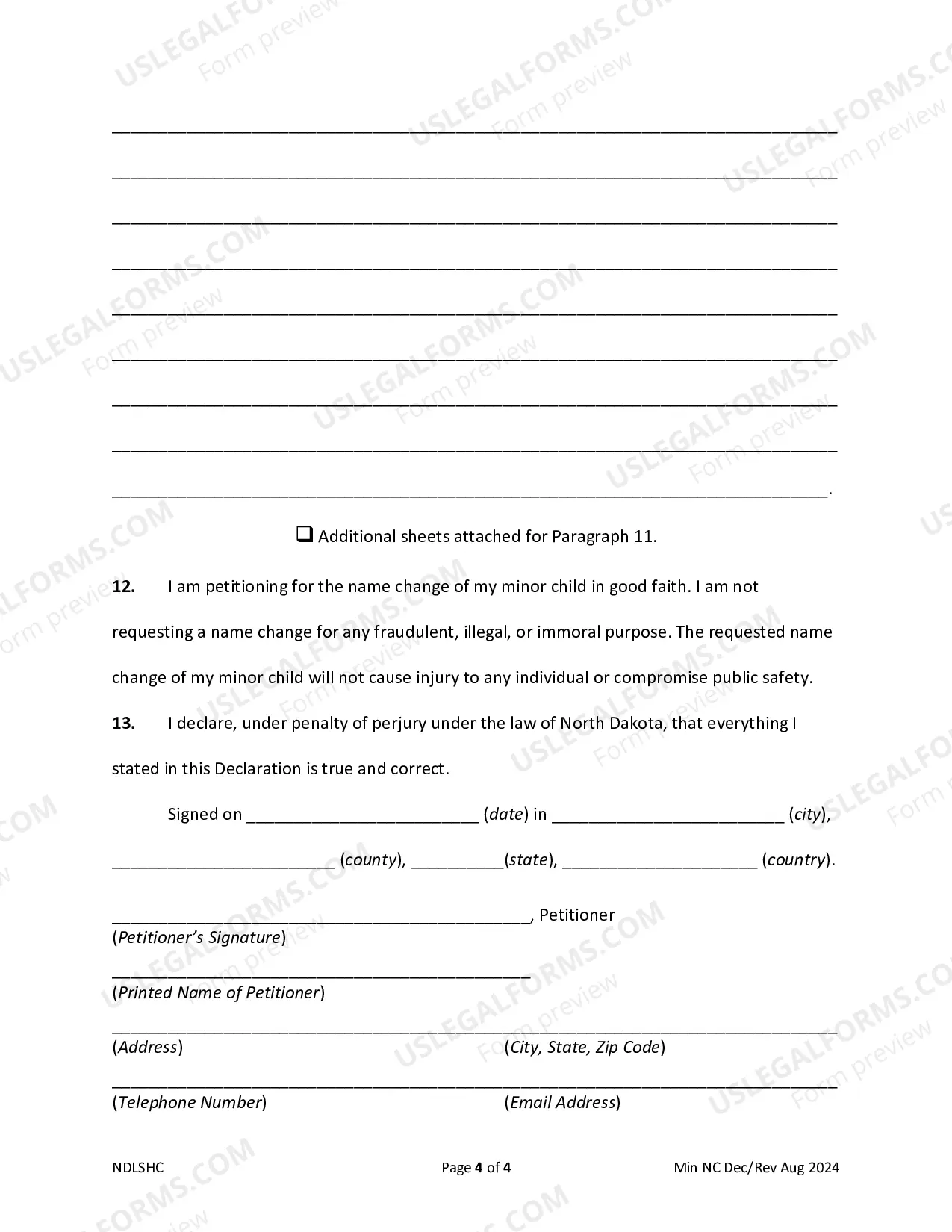 Preview Declaration of Petitioner for Petition for Name Change of Minor