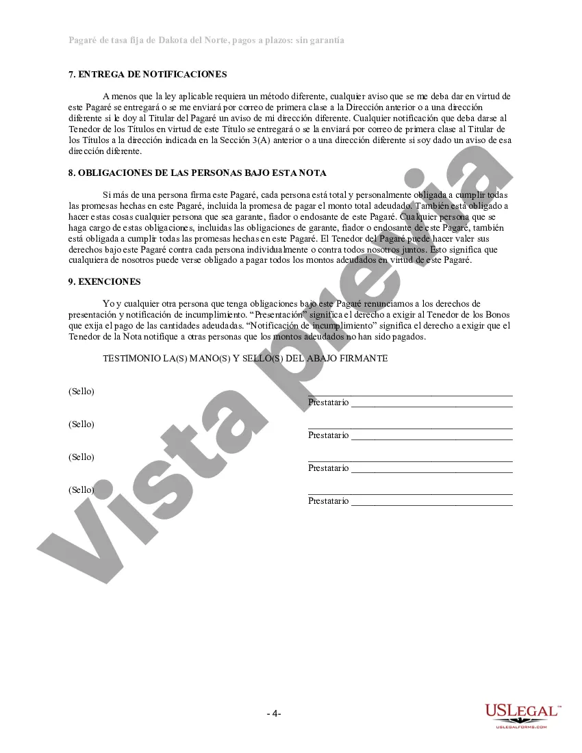 Preview Pagaré de pago a plazos no garantizado de Dakota del Norte para tasa fija