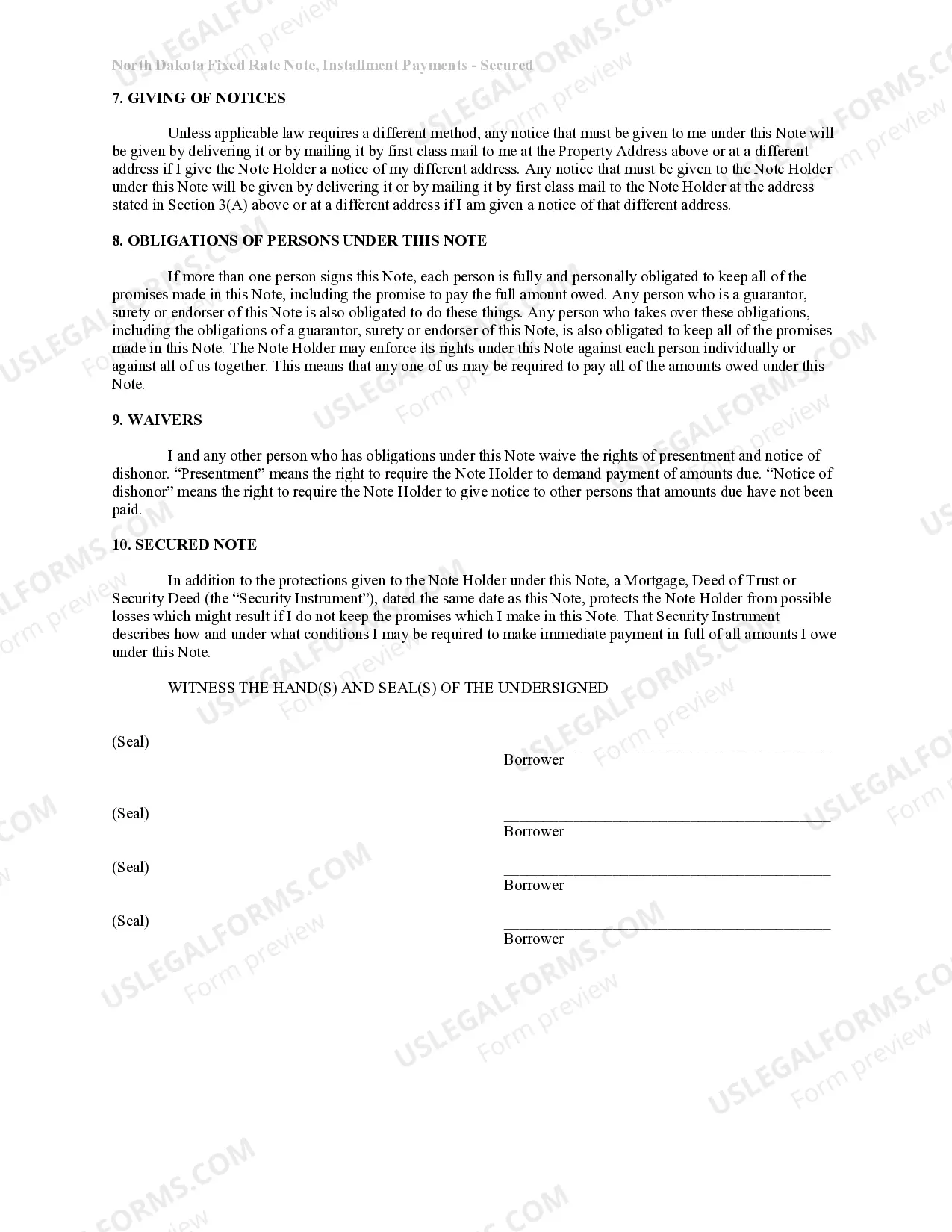 Preview North Dakota Installments Fixed Rate Promissory Note Secured by Residential Real Estate