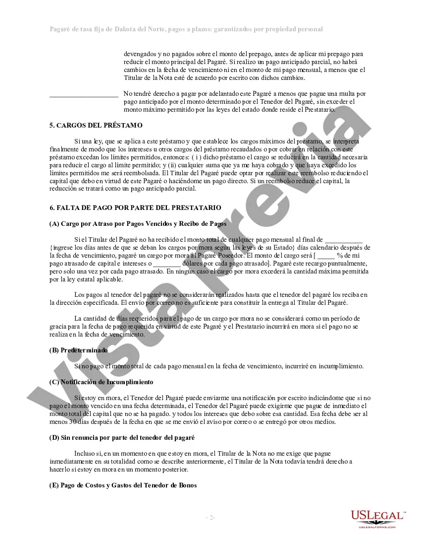 Preview Pagaré a plazos de tasa fija de Dakota del Norte garantizado por propiedad personal
