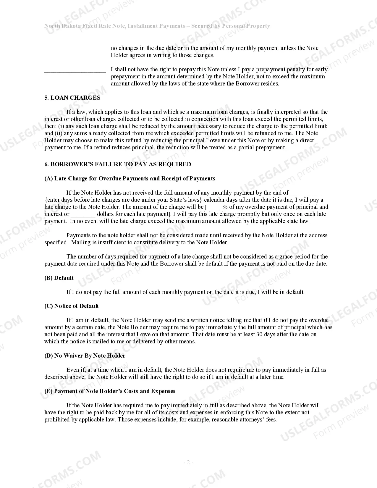 Preview North Dakota Installments Fixed Rate Promissory Note Secured by Personal Property