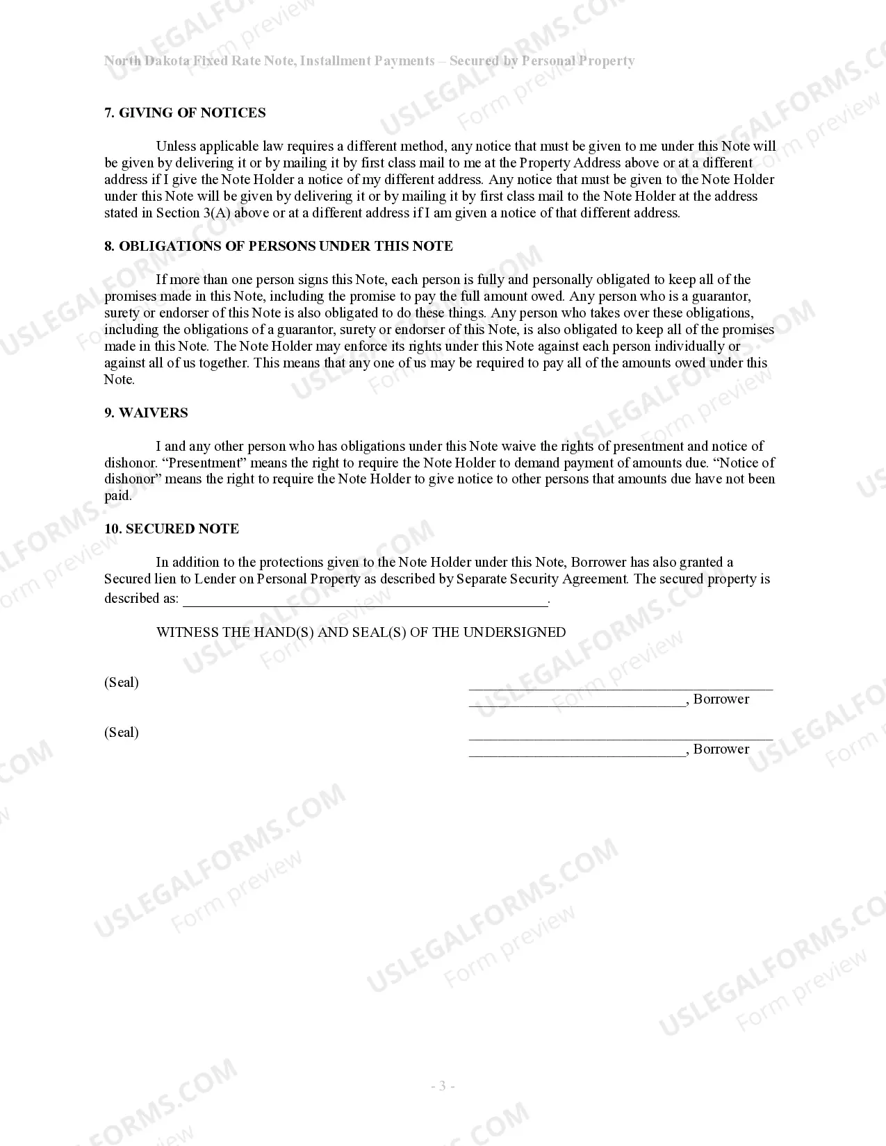 Preview North Dakota Installments Fixed Rate Promissory Note Secured by Personal Property